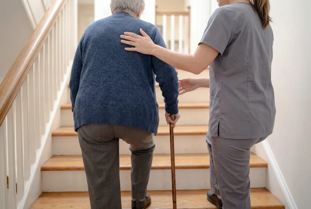 Una badante accompagna un uomo anziano con il bastone su per le scale di casa, ripresi di spalle.