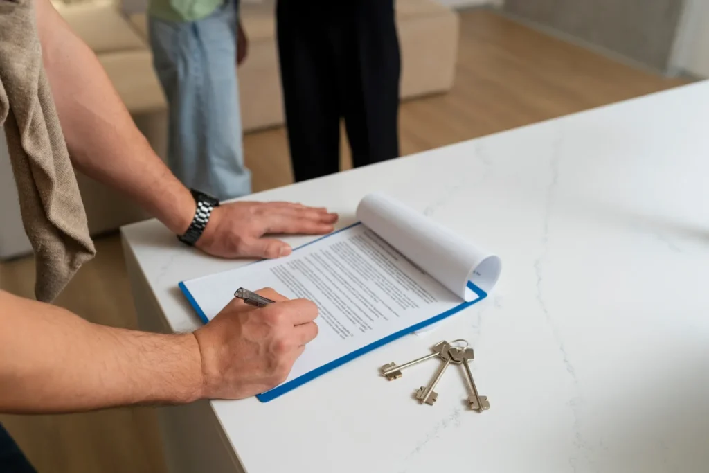 Una persona firma un documento su un portablocchi, accanto a un mazzo di chiavi di casa.