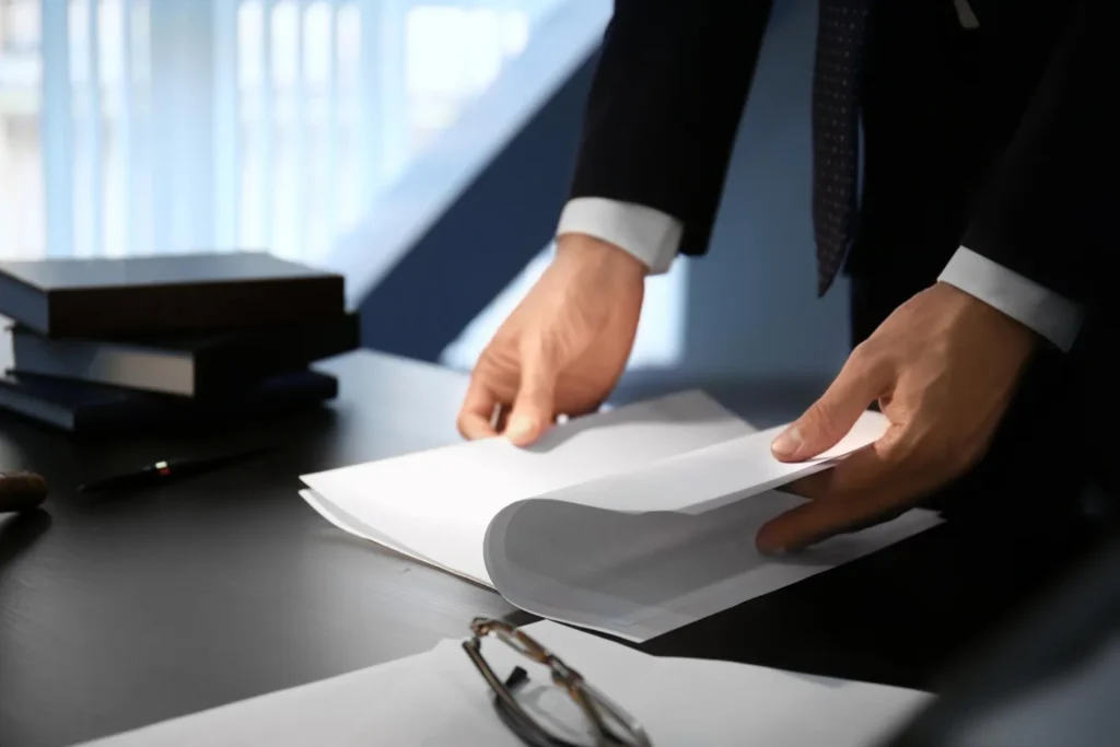 Le mani di una persona in giacca che sfogliano documenti su una scrivania scura, accanto a libri e occhiali.